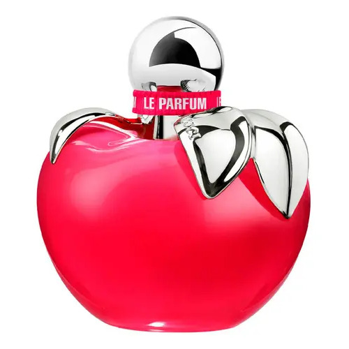Frasco de perfume Nina Le Parfum da Nina Ricci em formato de maçã rosa vibrante com tampa prateada e detalhes de folhas metálicas