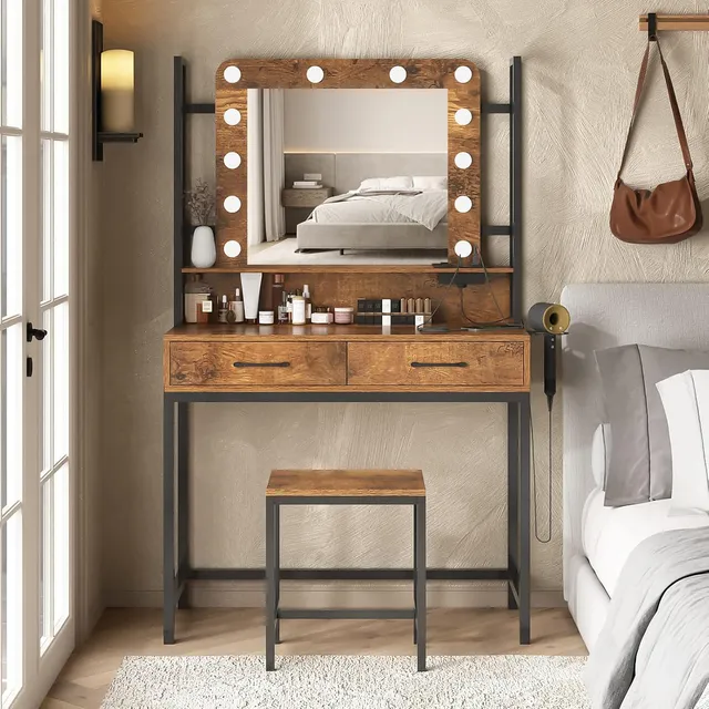 Tocador De Dormitorio Moderno Con Led Espejo Con 2 Cajones Blanco Crema