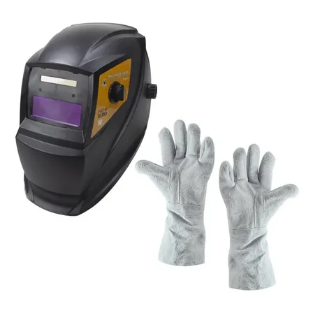 Máscara Solda Escurecimento Automático + Luvas Raspa Couro Cor Preto Pró Euro