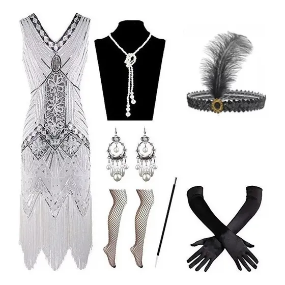 Vestido Gatsby Vintage Dos Anos 20 E Saia Com Franjas