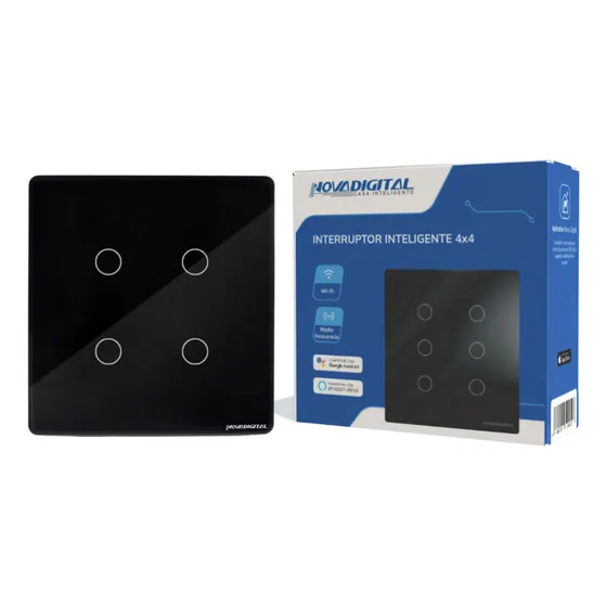 Interruptor Inteligente Wifi NovaDigital 4 Teclas Botões Touch 4x4 Alexa Tuya Smart Life 127/220V Preto