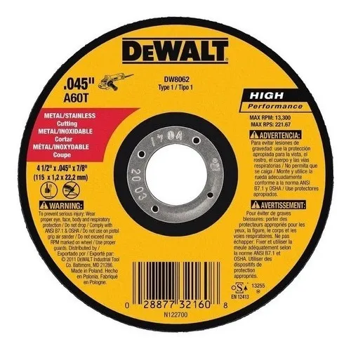 Disco Corte 4-1/2 Dewalt Pw44604 Caja 25