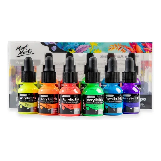 Set 6 Tintas Acrílicas Flúor Aerógrafo Pluma Mont Marte 20ml