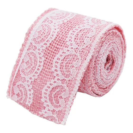 X8 Rollo De Arpillera Rosa Con Borde Encaje Blanco 200x6cm