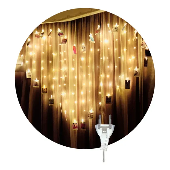Cortina Guirnalda Corazon Luz Led Blanco Calido Broches Libercam