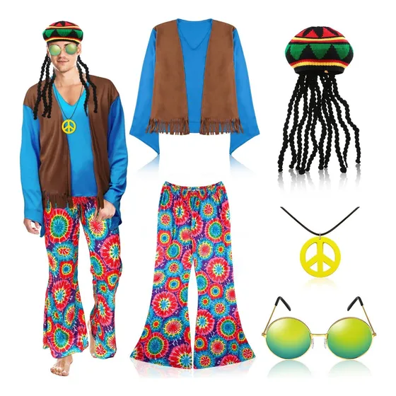Geyoga 5 Peças Roupas Masculinas 60s 70s Traje Hippie Conjun