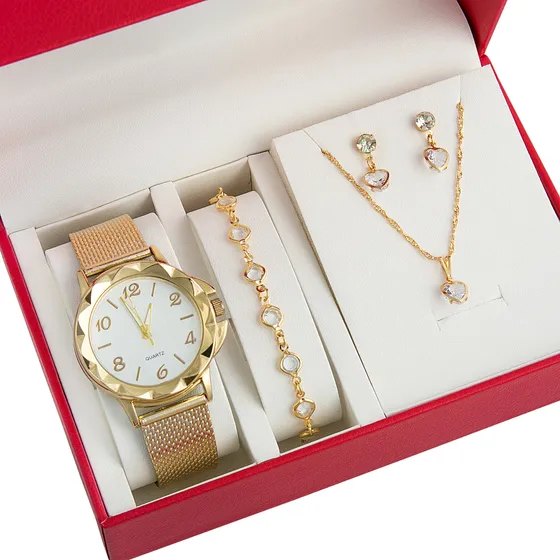 Relógio Feminino+ Kit Colar Brincos Pulseira Folheado A Ouro