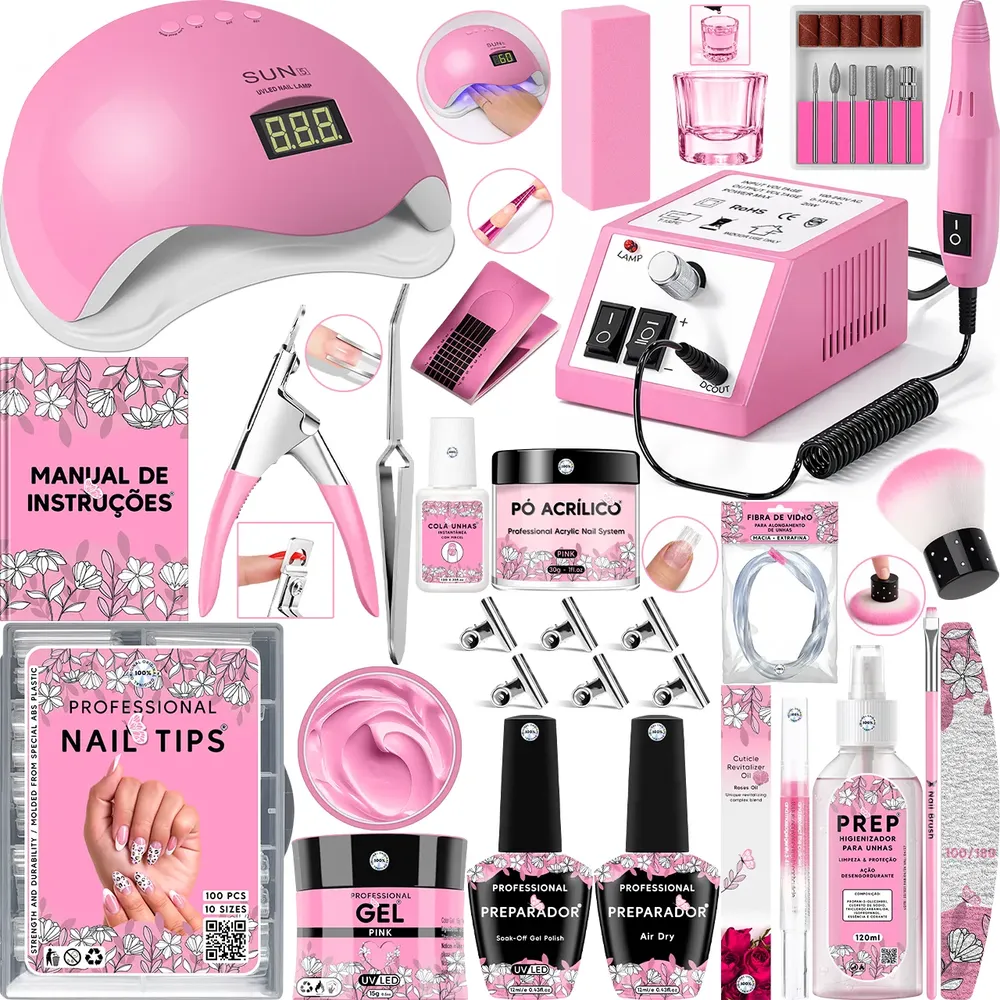 Kit Unhas De Gel Lixadeira Elétrica Cabine Sun Lixa Manicure Rosa