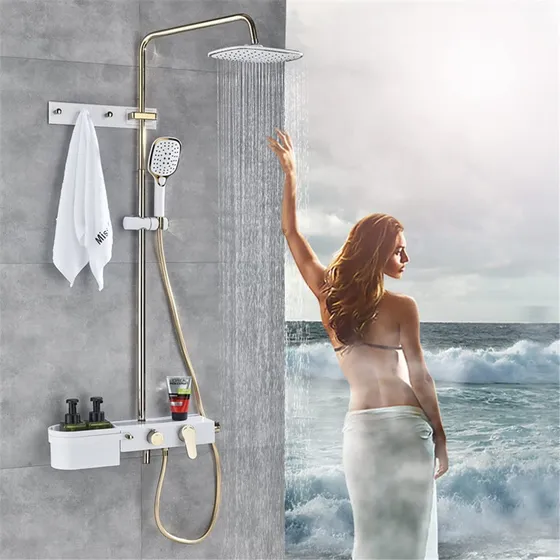 Sistema Mezclador Ducha Blanco Dorado Para Montaje Pared Una