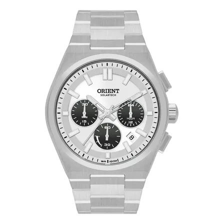 Relógio Orient Solar Masculino Cronógrafo de Aço Inoxidável com Fundo Branco