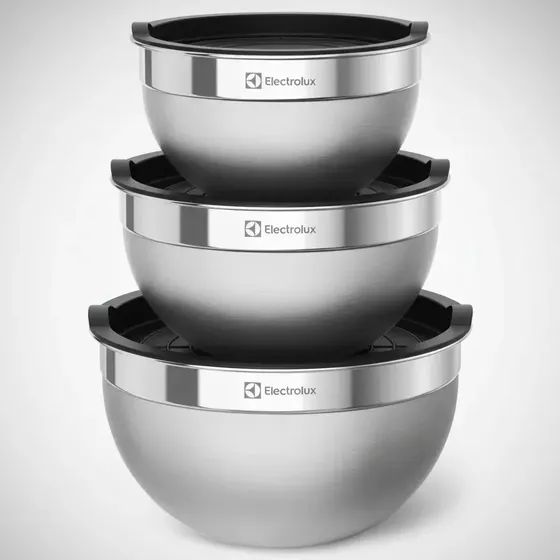 Electrolux Kit Bowls Tigelas em Inox com Tampa Plástica 3 Unidades Utensílios Domésticos de Cozinha
