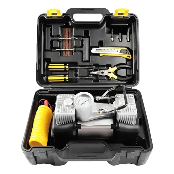 Kit Compresor Inflador Auto 4x4 Moto Bici Doble Pistón Color Negro Fase eléctrica Monofásica