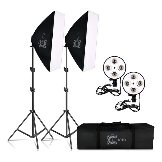 Kit Duplo Softbox Soquete E-27 Quádruplo Tripés 2m T-photo 127/220V