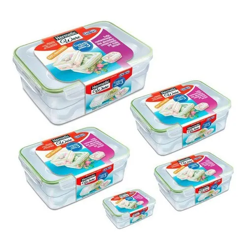 Kit de 5 potes retangulares Lig Brin modelo louça hermética cor transparente para freezer e micro-ondas