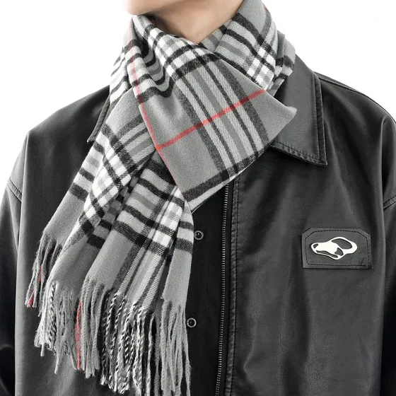 Bufanda Hombre Cachemira Delgada Cuadros Y Flecos 180x33 Cms Gris Cuadros Y Lineas 180x33 Cms