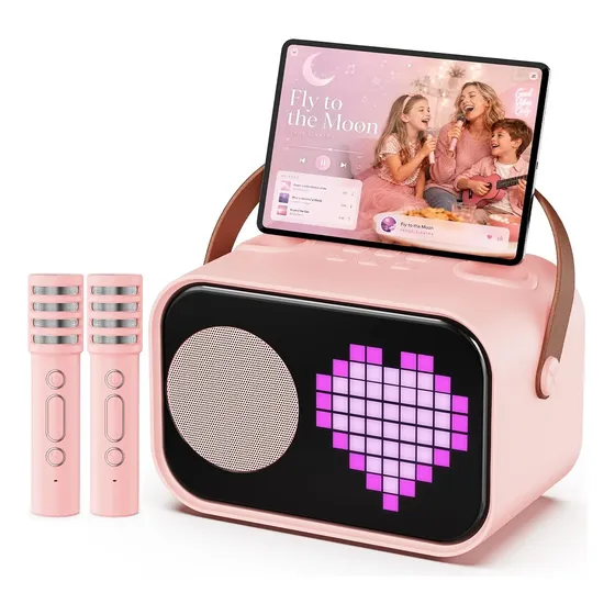 Caixinha de som karaokê com 2 microfones