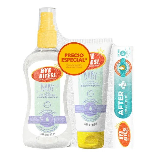 BYE BITES Spray Repelente de Mosquitos para Bebe BABY 130ml + Crema Repelente de Insectos BABY 75ml + Crema Post Piquetes AFTER 20g - Tripack - Con Manzanilla y Aloe Vera - Suave Aroma a Manzanilla