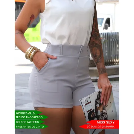 Shorts Alfaiataria Feminino Social Cintura Alta Bolsos Verão