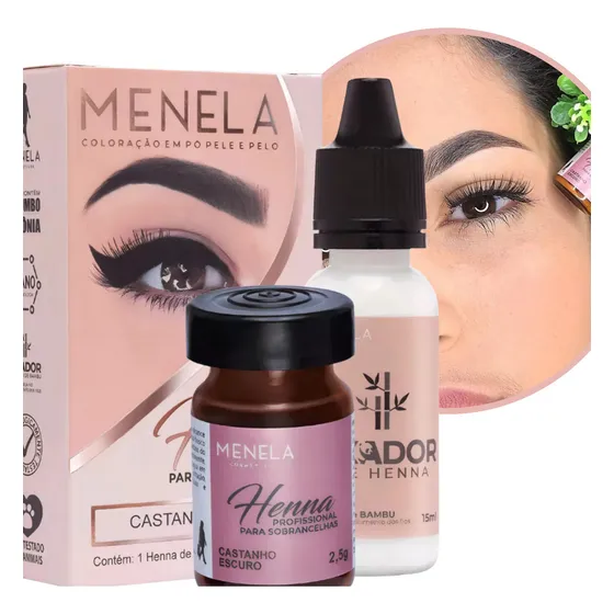 Henna Menela Profissional para Designer de Sobrancelhas Cor Castanho Escuro 2,5g com Fixador e Nanotecnologia