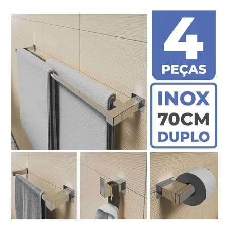 Toalheiro Duplo Inox 304 + Kit Acessórios Banheiro 70cm Prateado