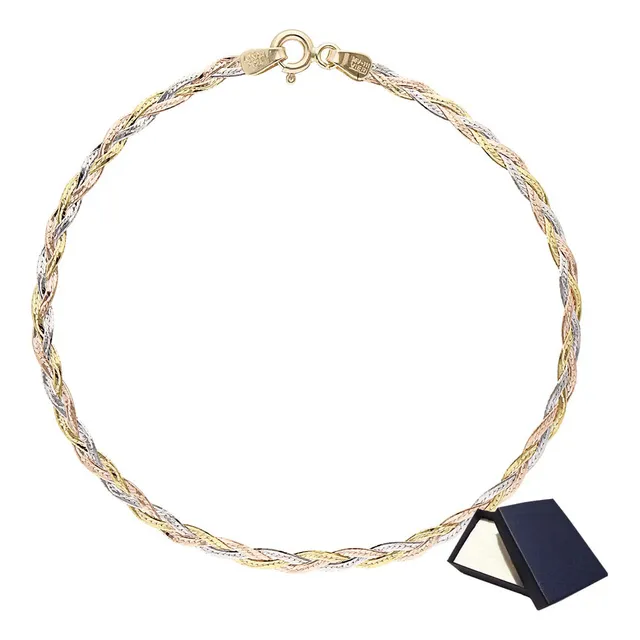 Pulsera Esclava Oro 14k Trenzada Florentina 18cm Italy Mujer Dama Oro Puro 14k 14 Kilates Oro 3 Oros Adulto Brazalete Oro Esclava Oro Regalo Novia Joyería Fina Italy Italiana 14k Oro Florentino