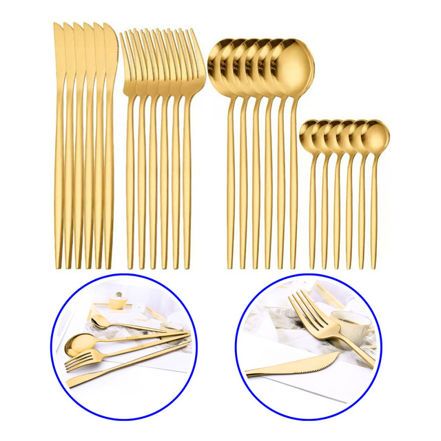 Conjunto De Talheres De Aço Luxo Inoxidável 24pcs Dourado Conjunto De Talheres De Aço Luxo Inoxidável 24pcs Dourado