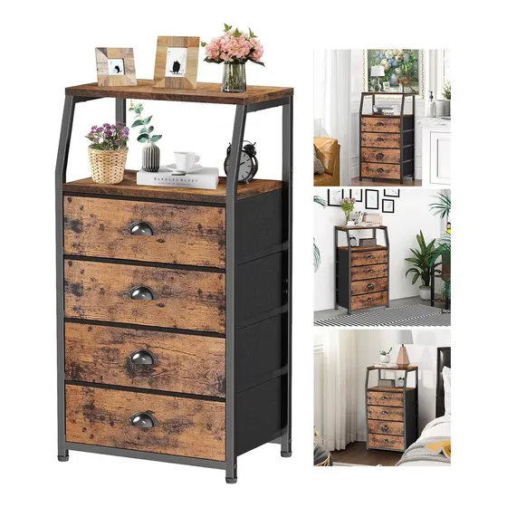 Buros para recamara FURRIFIC MDF Burós Mesa de Noche con 4 cajones y Estante de 2 Niveles, Organizador de Tela para vestidor para Dormitorio, Armario, Pasillo, guardería, Mesa Auxiliar, Mueble Lateral
