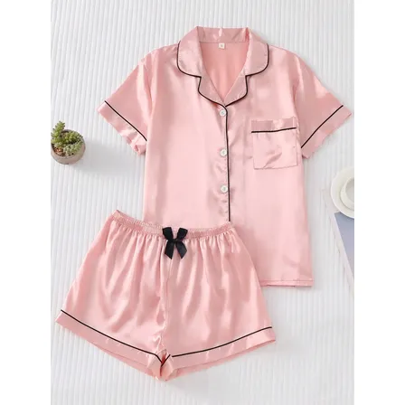 2 Peças/conjunto Pijama De Cetim Feminino Pijamas E Calções
