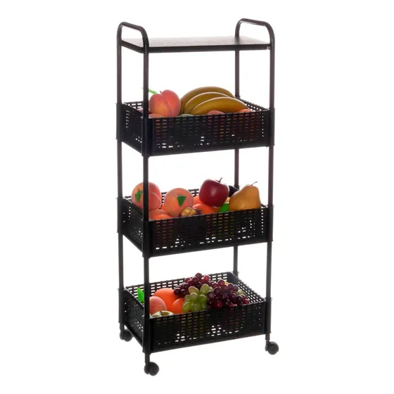 Fruteira Chão Cozinha Multiuso Tampo Madeira Cesta de Frutas Metaltru Preto