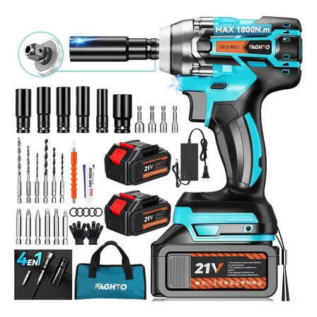 Llave De Impacto Inalámbrico 1800n.m 4 En 1 Faghto 1500w 8000rpm 2 X 21v 13000mah Baterías Y Luz Led 40 Accesorios... Azul 60 Hz