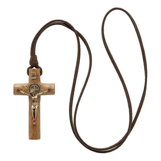 Colar Masculino Cruz Coroinha Cordão Couro São Bento 3un