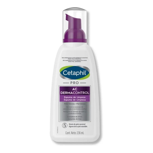 Frasco branco de Espuma de Limpeza Facial Cetaphil Pro AC Dermacontrol de 236ml com tampa roxa e válvula pump