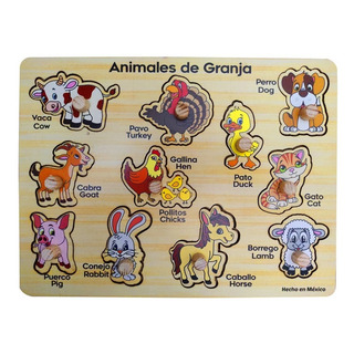 Rompecabezas Bilingüe Animales De Granja, Con Pija Madera Rompecabezas Bilingüe Animales De Granja, Con Pija Madera