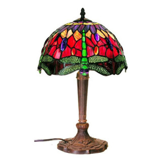 Candeeiro De Mesa Dragonfly Estilo Tiffany, Vermelho E Azul Candeeiro De Mesa Dragonfly Estilo Tiffany, Vermelho E Azul