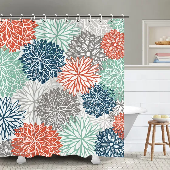 Rosielily Cortina Ducha Floral 12 Gancho Verde Azulado Gris