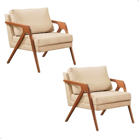 Conjunto 2 Poltronas Decorativa Mona Luxo Para Sala De Estar E Recepção Com Pés Em Madeira Maciça Cor Linho Bege