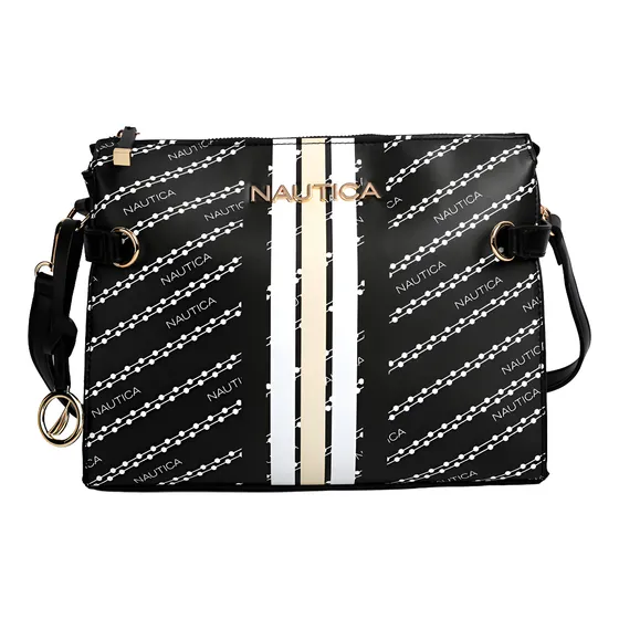 Bolsa Crossbody Nautica A10938 Mujer Pu Ajustable Acabado De Los Herrajes Níquel Color Negro Correa De Hombro Negro Diseño De La Tela Rayas