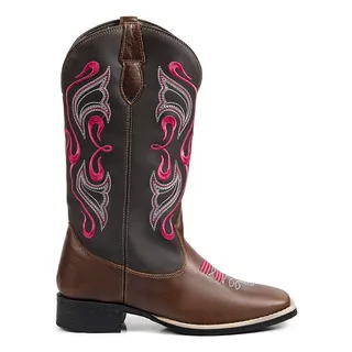Bota Texana Boiadeira Feminina Couro Bordada Ondas Com Ziper Bota Texana Boiadeira Feminina Couro Bordada Ondas Com Ziper