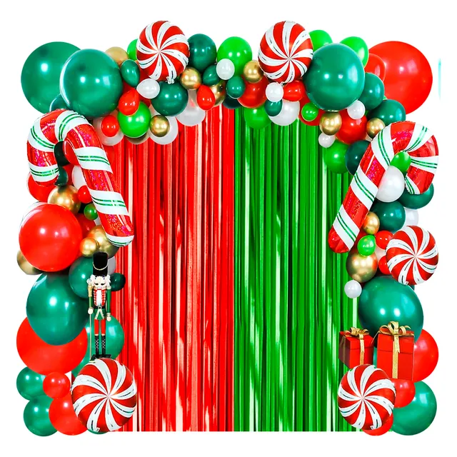 Set X2 Cortina Navidad Verde Y Roja Metalizada Papa Noel