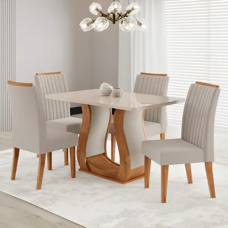 Mesa De Jantar 120x80,7cm Tampo Com Vidro 4 Cadeiras Fg Bege Mel Listrado