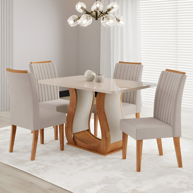 Mesa De Jantar 120x80,7cm Tampo Com Vidro 4 Cadeiras Fg