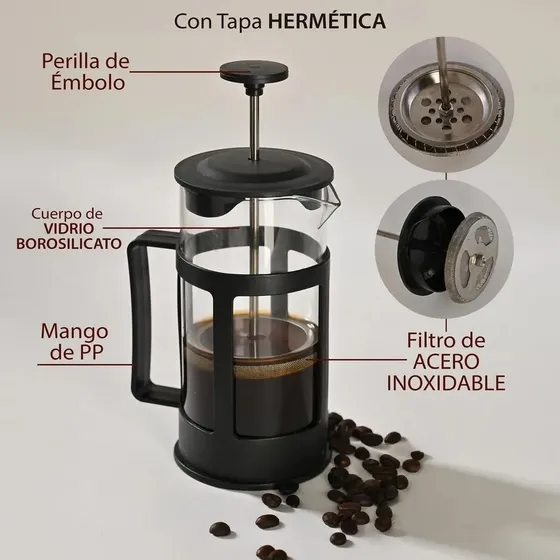 Cafetera Prensa Francesa 350 Ml Vidrio Y Acero Inoxidable Black