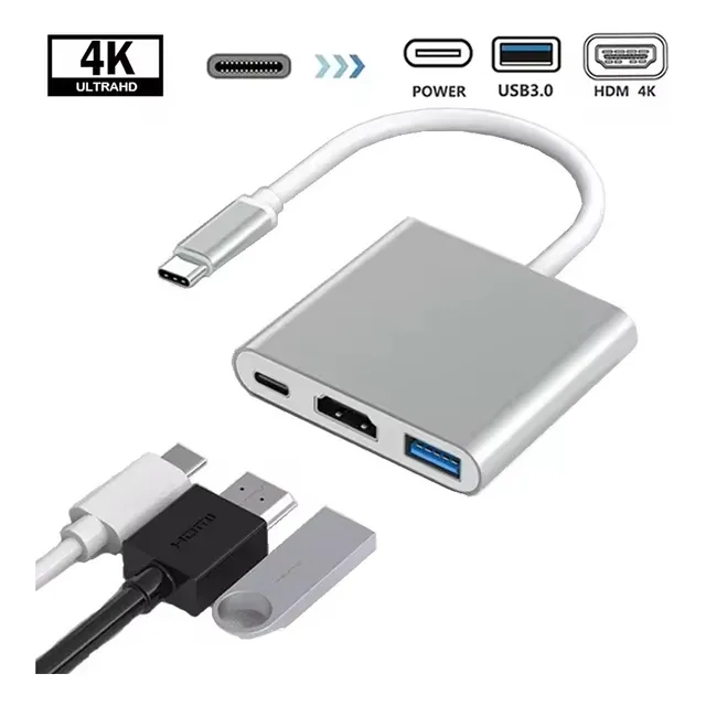 Hub Usb c Adaptador Tipo C A HDMI, USB 3.0 y PD, Estación de Acoplamiento Dock 3 en 1 Con Salida HDMI 4K, Adecuado Para Computadoras Portátiles Y Teléfonos Móviles Color Plateado