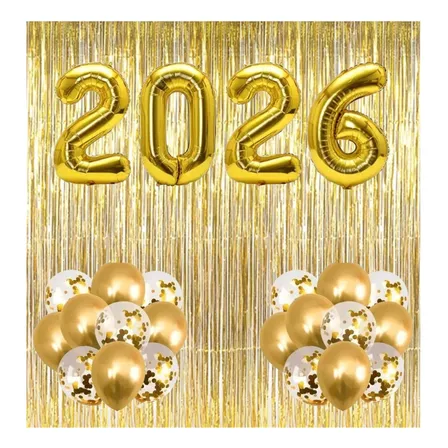 Kit Balão 2026 70cm + 20 Bexigas + 2 Cortinas Festa Ano Novo