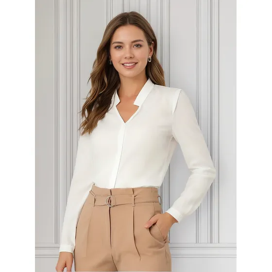 Camisa Abotonada Cuello En V Manga Larga Informal Elegante