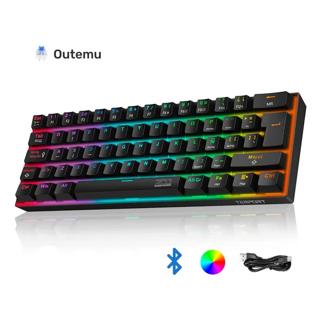 TERPORT 60% Teclado Mecanico Inalambrico Bluetooth Español Recargable Z11 Luces Rgb Outemu Blue Switch, Teclado Bluetooth/usb/cableado De 62 Teclas Anti Ghosting