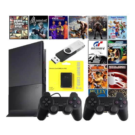 Controladores Sony Playstation 2 Slim + 2 +20 juegos Negro