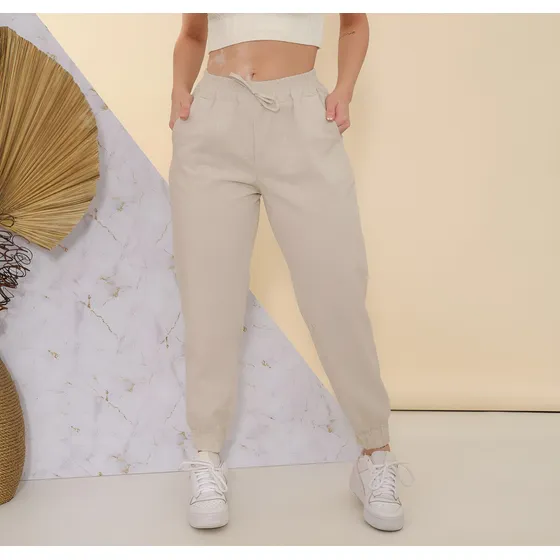  Calça Feminina Bomber Jogger Estilosa Linho C/ Bolso Full