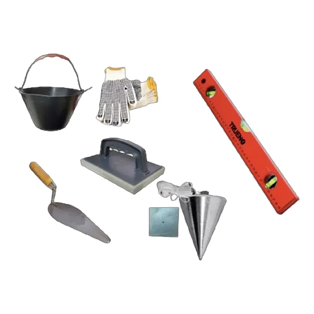 Kit Albañilería Balde, Plomada, Guante, Filtro Cuchara Nivel