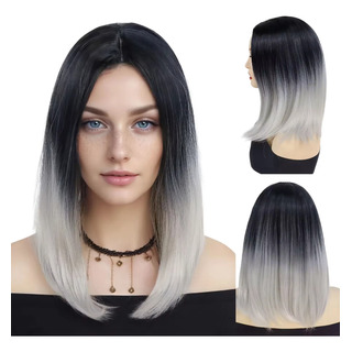 Peluca Cabello Simil Natural Oncológica Negro/gris Bob Carré Peluca Cabello Simil Natural Oncológica Negro/gris Bob Carré